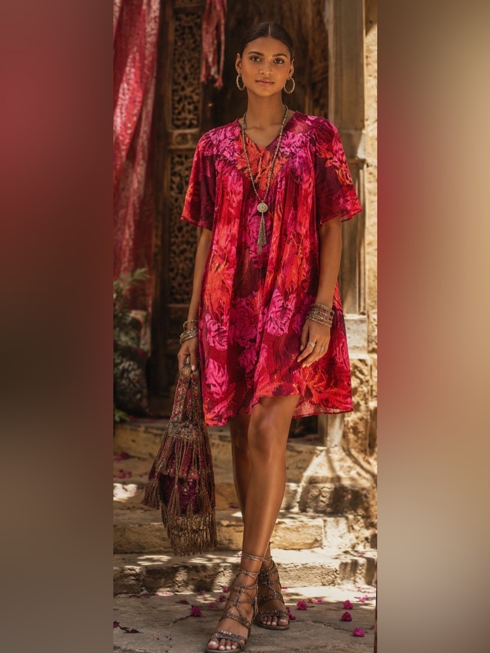 Vibrant Red Floral 100% Cotton Short Sleeve Shift Dress